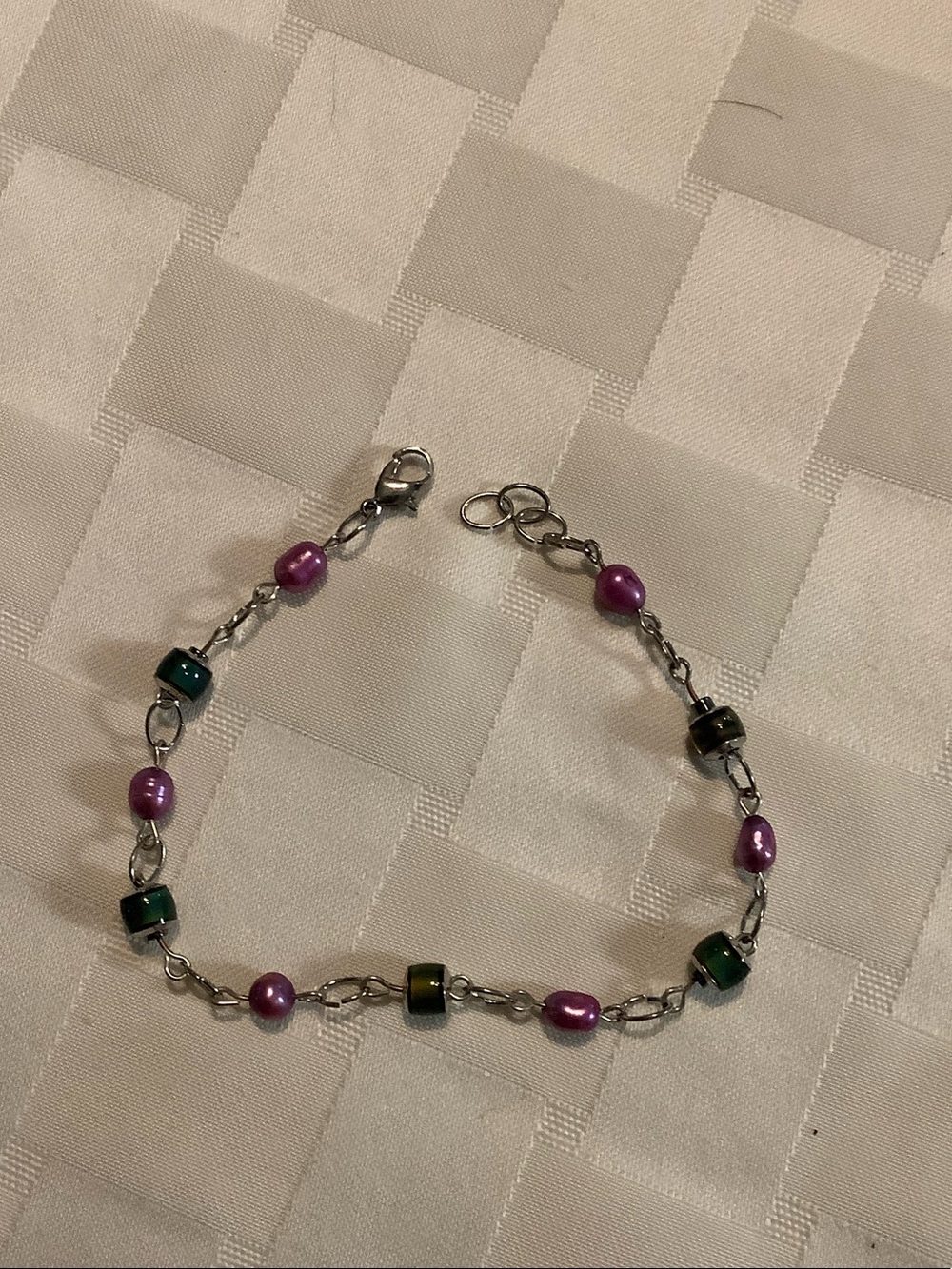 Hand Crafted Purple Pearl & Green Cube Beaded Bracelet